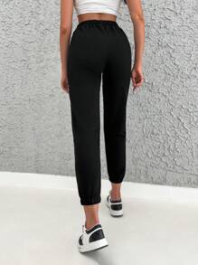 EURMUSE Solid Elastic Waist Joggers - Black - View 2