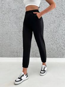 EURMUSE Solid Elastic Waist Joggers - Black - View 3