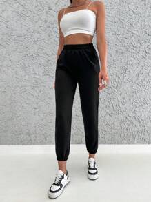 EURMUSE Solid Elastic Waist Joggers - Black - View 4