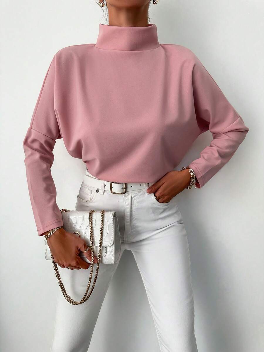RueChic Camiseta de hombros caídos unicolor de cuello alto - Rosa - Ver 1