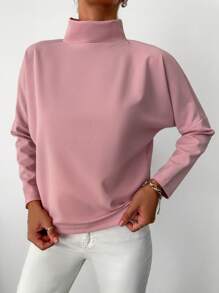 RueChic Camiseta de hombros caídos unicolor de cuello alto - Rosa - Ver 3