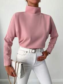RueChic Camiseta de hombros caídos unicolor de cuello alto - Rosa - Ver 5