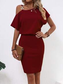 SHEIN LUNE Solid Asymmetrical Neck Chain Detail Dress - Burgundy - View 1