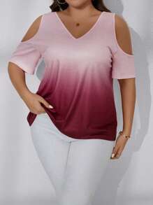 SHEIN LUNE Talla grande Camiseta de ombré de hombros descubiertos - Rosa Fucsia - Ver 3