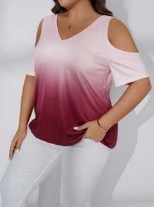 SHEIN LUNE Talla grande Camiseta de ombré de hombros descubiertos - Rosa Fucsia - Ver 5