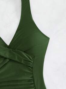 SHEIN Swim Summer Beach Twist Front Ruched One Piece Swimsuit One Piece Bathing Suit - Army Green - View 3