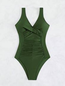 SHEIN Swim Summer Beach Twist Front Ruched One Piece Swimsuit One Piece Bathing Suit - Army Green - View 5