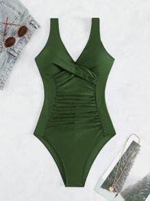 SHEIN Swim Summer Beach Twist Front Ruched One Piece Swimsuit One Piece Bathing Suit - Army Green - View 6
