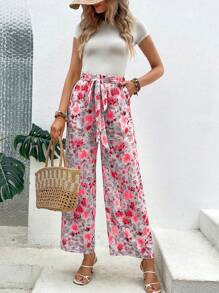 SHEIN VCAY 印花闊腿褲 - 粉色 - 查看 3