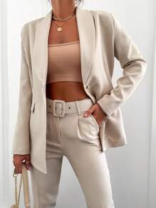 EURMUSE Shawl Collar Single Button Blazer & Pants - Beige - View 1