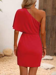 SHEIN Unity 單肩蝙蝠袖圍裹連衣裙 - 紅色 - 查看 2