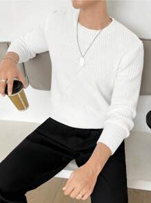 GENTILAND 男士素色條紋針織套頭毛衣 - 白色 - 查看 1