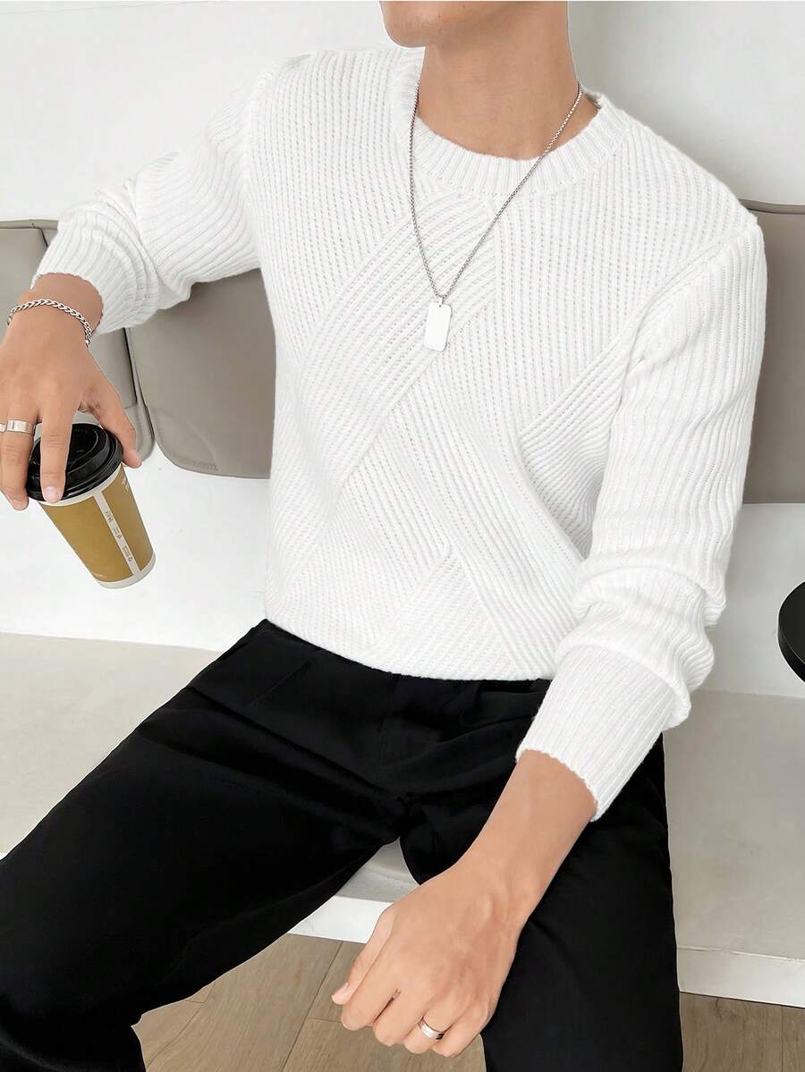 GENTILAND 男士素色條紋針織套頭毛衣 - 白色 - 查看 1