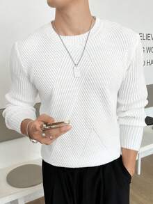 GENTILAND 男士素色條紋針織套頭毛衣 - 白色 - 查看 3