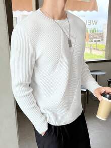 GENTILAND 男士素色條紋針織套頭毛衣 - 白色 - 查看 5