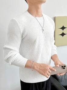 GENTILAND 男士素色條紋針織套頭毛衣 - 白色 - 查看 6