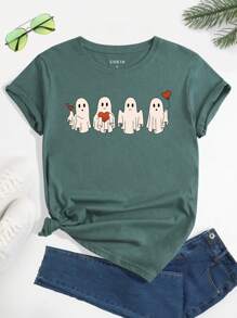 SHEIN EZwear Đồ họa Hoạt hình Áo thun - Màu xanh lá cây đậm - Xem 1