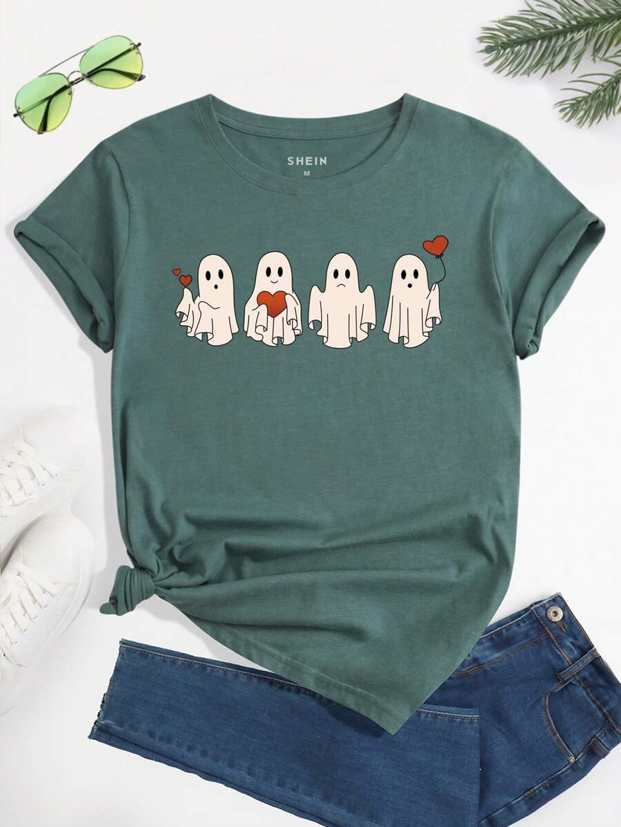 SHEIN EZwear Đồ họa Hoạt hình Áo thun - Màu xanh lá cây đậm - Xem 1