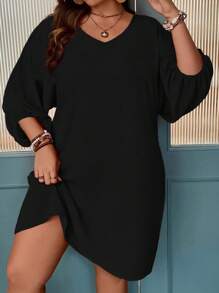 SHEIN Unity Plus Solid Batwing Sleeve Dress - Black - View 4