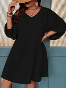 SHEIN Unity Plus Solid Batwing Sleeve Dress - Black - View 5