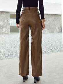 BizChic Zipper Fly Palazzo PU Trousers - Mocha Brown - View 2