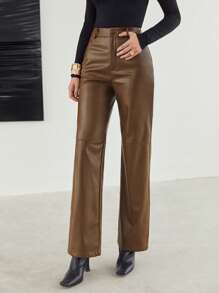 BizChic Zipper Fly Palazzo PU Trousers - Mocha Brown - View 6