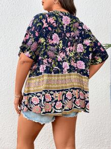 SHEIN Holidaya 加上花卉印花流苏领口蝙蝠袖荷叶边衬衫荷叶边上衣 - 彩色 - 查看 2