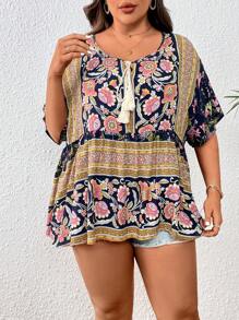 SHEIN Holidaya 加上花卉印花流苏领口蝙蝠袖荷叶边衬衫荷叶边上衣 - 彩色 - 查看 3