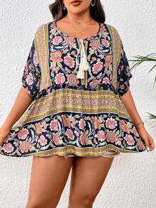 SHEIN Holidaya 加上花卉印花流苏领口蝙蝠袖荷叶边衬衫荷叶边上衣 - 彩色 - 查看 5