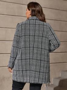 SHEIN Clasi Plus Plaid Pattern Raw Trim Double Breasted Overcoat - Black - View 2