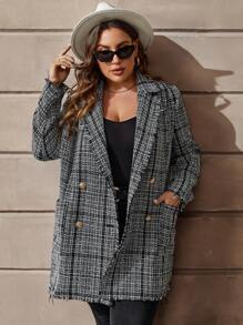 SHEIN Clasi Plus Plaid Pattern Raw Trim Double Breasted Overcoat - Black - View 3