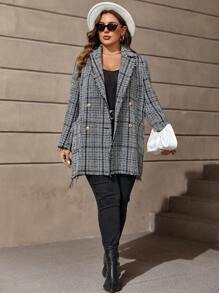 SHEIN Clasi Plus Plaid Pattern Raw Trim Double Breasted Overcoat - Black - View 4