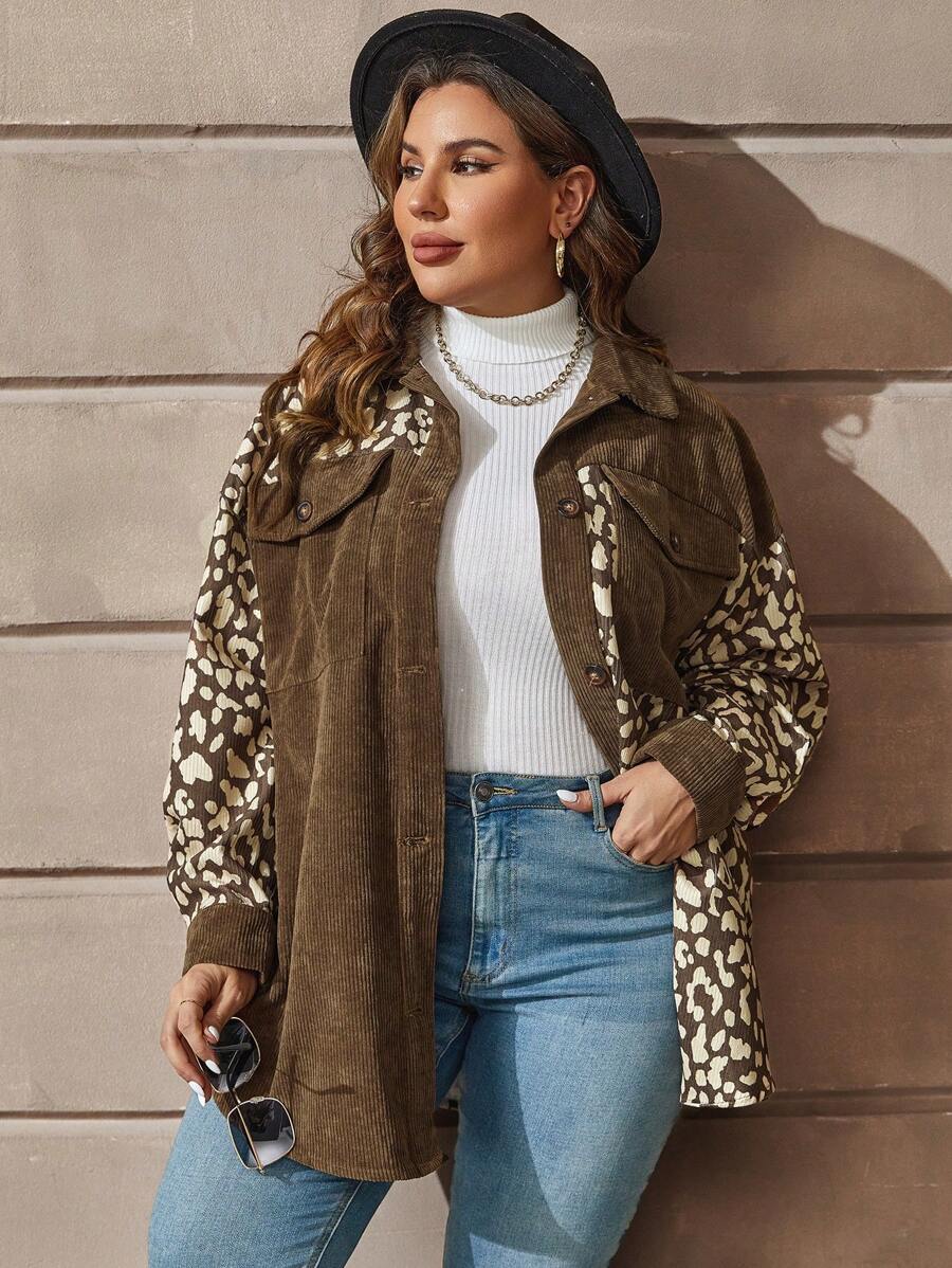 SHEIN Clasi Hơn In hoa Báo Thả vai Áo khoác vải nhung - màu nâu - Xem 1