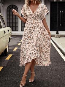 SHEIN Clasi Allover Print Batwing Sleeve Ruffle Trim Wrap Knot Side Dress - Multicolor - View 1