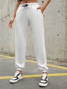 RueChic Drawstring Waist Solid Sweatpants - White - View 1