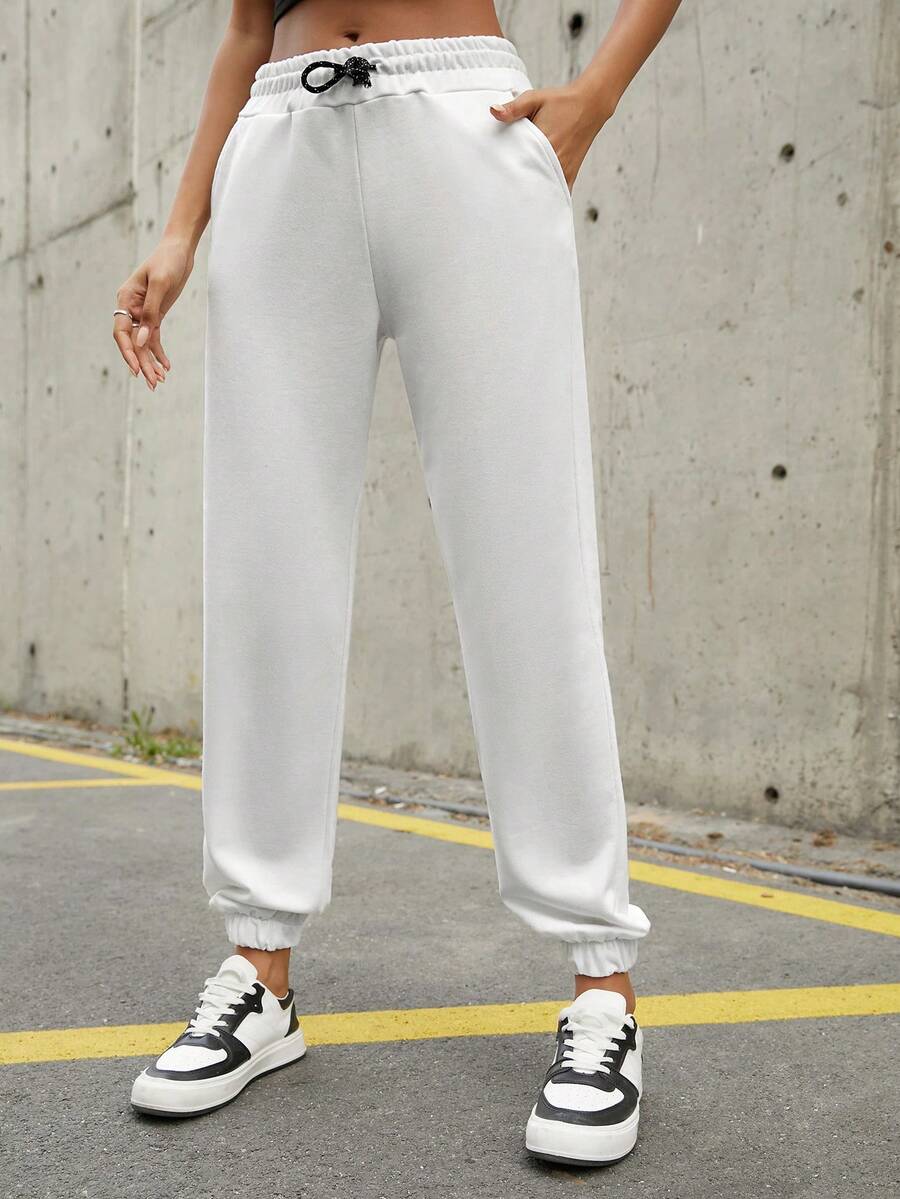 RueChic Drawstring Waist Solid Sweatpants - White - View 1