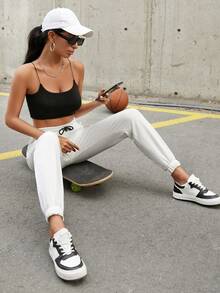 RueChic Drawstring Waist Solid Sweatpants - White - View 3