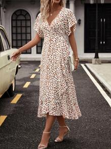 SHEIN Clasi Allover Print Batwing Sleeve Ruffle Trim Wrap Knot Side Dress - Multicolor - View 3