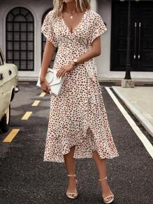 SHEIN Clasi Allover Print Batwing Sleeve Ruffle Trim Wrap Knot Side Dress - Multicolor - View 4