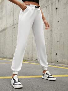 RueChic Drawstring Waist Solid Sweatpants - White - View 5