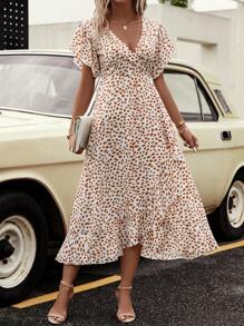 SHEIN Clasi Allover Print Batwing Sleeve Ruffle Trim Wrap Knot Side Dress - Multicolor - View 5