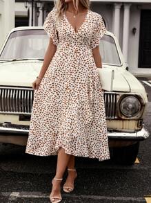 SHEIN Clasi Allover Print Batwing Sleeve Ruffle Trim Wrap Knot Side Dress - Multicolor - View 6