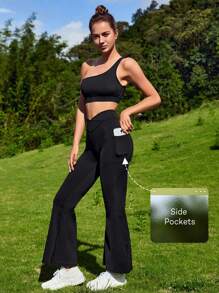 SHEIN Sports One Shoulder Sports Set With Phone Pocket - Black - View 2