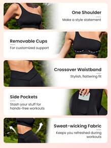SHEIN Sports One Shoulder Sports Set With Phone Pocket - Black - View 4