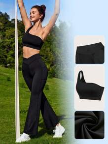 SHEIN Sports One Shoulder Sports Set With Phone Pocket - Black - View 1