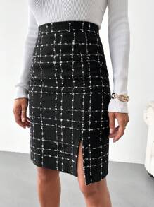 Plaid Pattern Split Hem Tweed Skirt