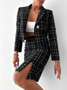 Plaid Pattern Split Hem Tweed Skirt