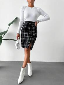 Plaid Pattern Split Hem Tweed Skirt