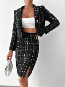 Plaid Pattern Split Hem Tweed Skirt