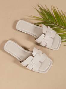 蛇皮壓花鏤空拖鞋平底涼鞋 - 米色 - 查看 5